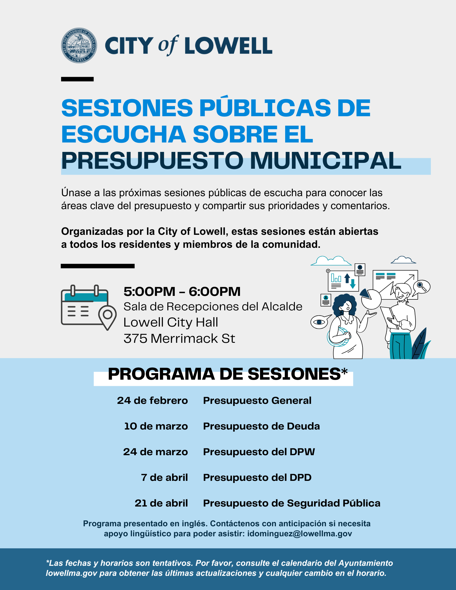 flyer in Spanish for Municipal Budget Listening Sessions - Español Presupuesto Municipal